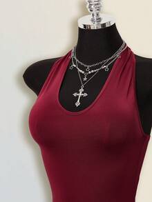 SHEIN ICON Áo liền thân nữ mùa hè kiểu dáng thường ngày, màu trơn, hở lưng, cổ yếm - Nhiều màu - Xem 12