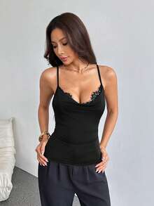 SHEIN PETITE Áo hai dây cổ tròn viền ren màu trơn dành cho nữ, áo tank top gợi cảm, áo kiểu sexy, áo đi nghỉ mát, áo mùa hè, áo đi chơi đêm cùng bạn bè. - màu đen - Xem 5