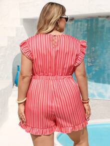 Vivid Eden Plus Size Striped Frill Trim Jumpsuit,Women's Red Summer Boho Satin Vacation Holiday Casual Beach Outfits, Festival Zoey Zante Zanzea Dress - Red - View 6