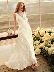 MOTF PREMIUM VESTIDO DE MUJER CON CINTURA DE ENCAJE Y VOLANTES EN EL BAJO, PRIMAVERA/VERANO - Albaricoque - Ver 3