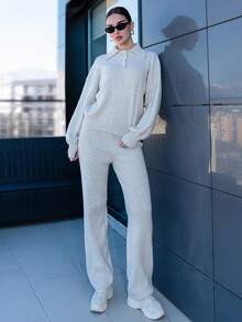 Bris Aura 2件套女士休闲翻领毛衣和裤子套装，秋季 - 米色 - 查看 1