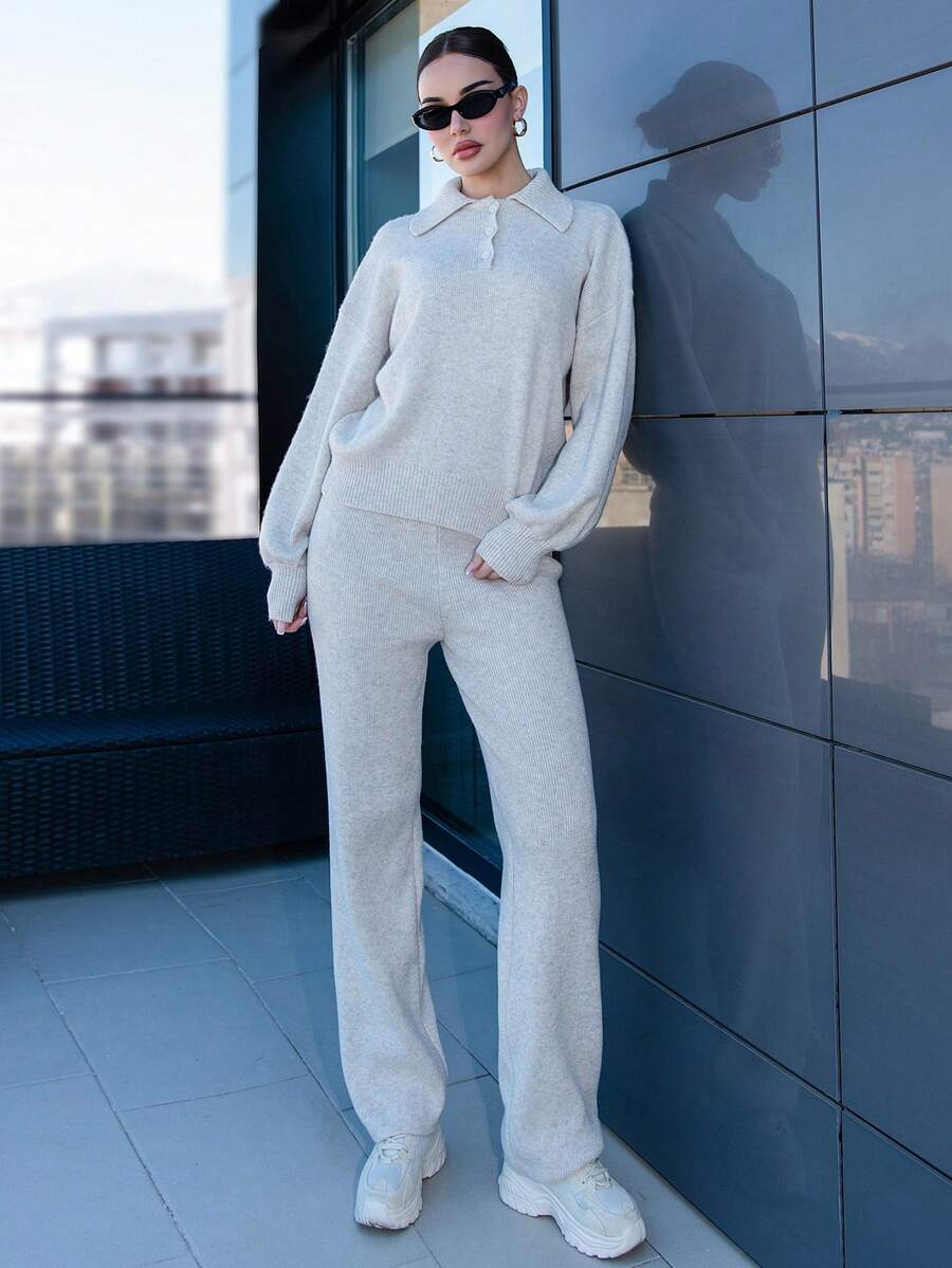 Bris Aura 2件套女士休闲翻领毛衣和裤子套装，秋季 - 米色 - 查看 1