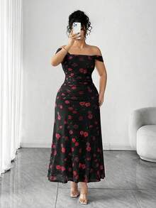 Elenzga 大码女式法式浪漫粉色玫瑰印花露肩连衣裙，大码收腰褶皱网纱连衣裙，温柔优雅修身吊带连衣裙 1XL，适合通勤、约会、度假，仙女裙 - 黑色 - 查看 4