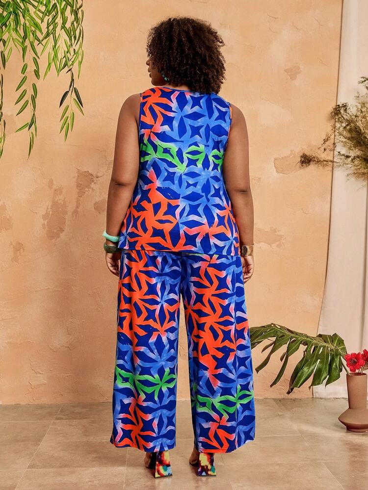 Plus Size Women All-Over Print Round Neck Top And Wide Leg Pants Casual 2 Pieces Set Women Vacation Outfit Sets Women S Summer 2 Piece Sets Womans 2 Piece Sets Women's Summer Two-Piece Sets Summer Outfits Summer Clothes Spring Dress Spring Outfit Women Spring Clothing Beach Vacation Outfits For Women Vacation Dress Bohemian   Festival Outfits For Women Beach Outfits For Women
