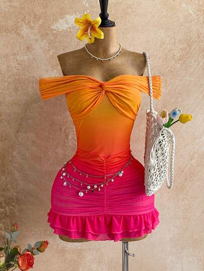 Soleia Vestido mini ajustado con hombros descubiertos, volantes y textura arrugada para mujer talla grande, elegante para vacaciones. Adecuado para playa, , citas sexys, vacaciones, té de la tarde, temporada de bodas, Día de San Patricio, Pascua, crucero por la , viaje por la ciudad, estilo bohemio, festivales de música, hippie, estilo occidental. Se puede usar dentro y fuera, apto para todas las estaciones, para ir y venir.