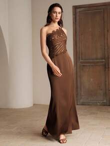 Anewsta Elegant Sexy Knit Patchwork One-Shoulder Fishtail Dress - Coffee - View 3