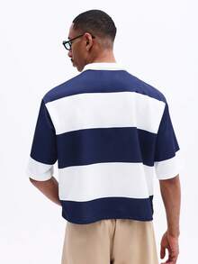 SUMWON Men's Striped Polo Shirt With Collar And Button Placket Short Sleeve Rugby Style Summer Casual Top - Blue and White - View 4