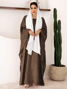 Al Najma Women's Loose Fit Palm Tree Textured Batwing Sleeve Turkish Maxi Dress - Coffee Brown - View 6
