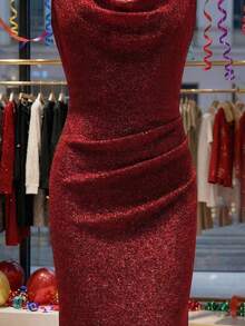 Franclia Women's Dark Red Shimmering Elegant Party Dress For Summer,Lace Halter Neck Backless Evening Gown,Sleeveless Wedding Guest Bridesmaid Graduation Dress - Bright Red - View 4