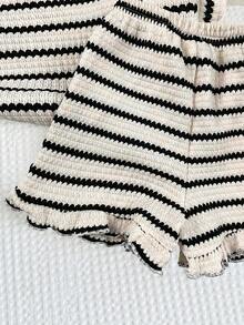 LMoss Kids 2件套女婴针织条纹圆领休闲T恤和短裤套装 - 黑與白 - 查看 6