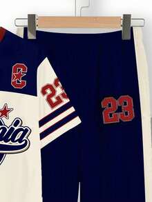 青少年男童新款休闲简约Y2K风格英文字母数字23运动复古美式撞色宽松舒适时尚简约圆领短袖T恤和裤子套装 - 彩色 - 查看 5