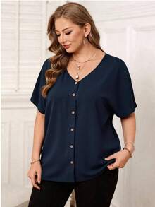 Rosumi Plus Size Women's Orange Button Embellished Short Sleeve Shirt For Spring - Navy Blue - View 1
