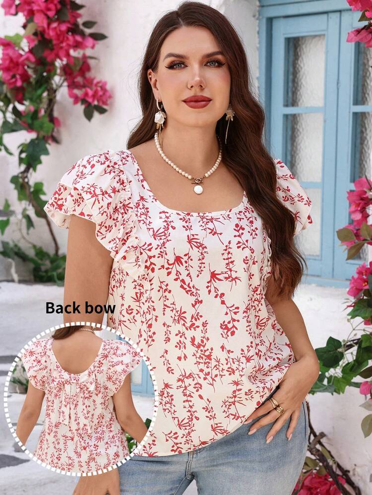 Plus Size Women Plant Print Ruffle Sleeve Casual Shirt