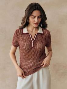 Anewsta Colorblock Linen Hollow Out Knit Polo Shirt For Women, Retro Collar Short Sleeve Top, Spring/Summer - Burgundy - View 3