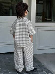 Dazy Kids 男童格子短袖衬衫和裤子套装（夏季款） - 黑與白 - 查看 2