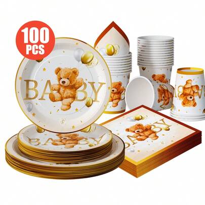 金边小熊图案一次性餐盘、餐巾纸和杯子，一次性派对用品套装，适合25位客人。一次性纸盘和餐具非常适合生日派对、婚礼、主题派对、家庭野餐等场合。
