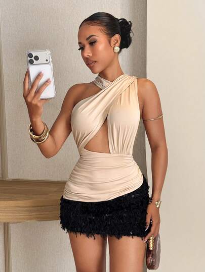 Slaydiva Áo nữ màu trơn xếp ly khoét lỗ gợi cảm đa năng thích hợp cho buổi hẹn hò, tiệc tùng hoặc mặc thường ngày.