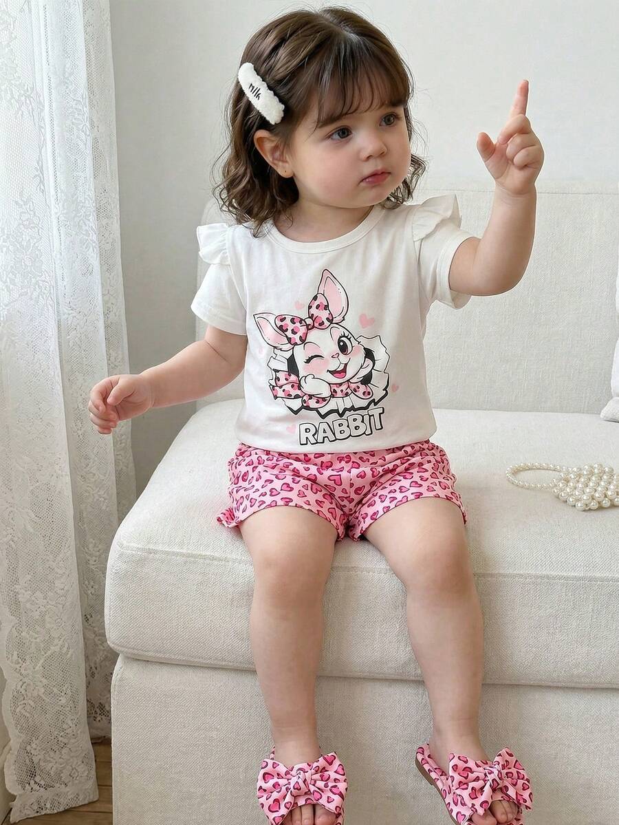 SHEIN Set de 2 piezas para bebé niña/unisex de 0 a 3 años: Top con mangas con volantes de conejito de Pascua y pantalones con estampado floral, para verano - Multicolor - Ver 1