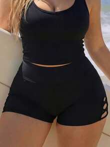 Swim SPRTY Quần short đi biển dáng rộng màu trơn khoét lỗ dành cho nữ cỡ lớn, thích hợp cho hoạt động thường ngày. - màu đen - Xem 1