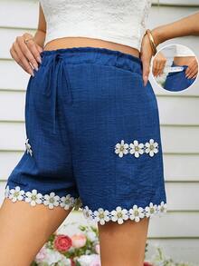 SHEIN Casual Loose Drawstring Ruffle Trim Maternity Shorts - Blue - View 1
