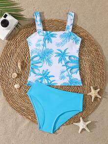Tween Girl Coconut Tree Print Hollow Out Tankini And Triangle Panty Swimsuit Set - Blue - View 1