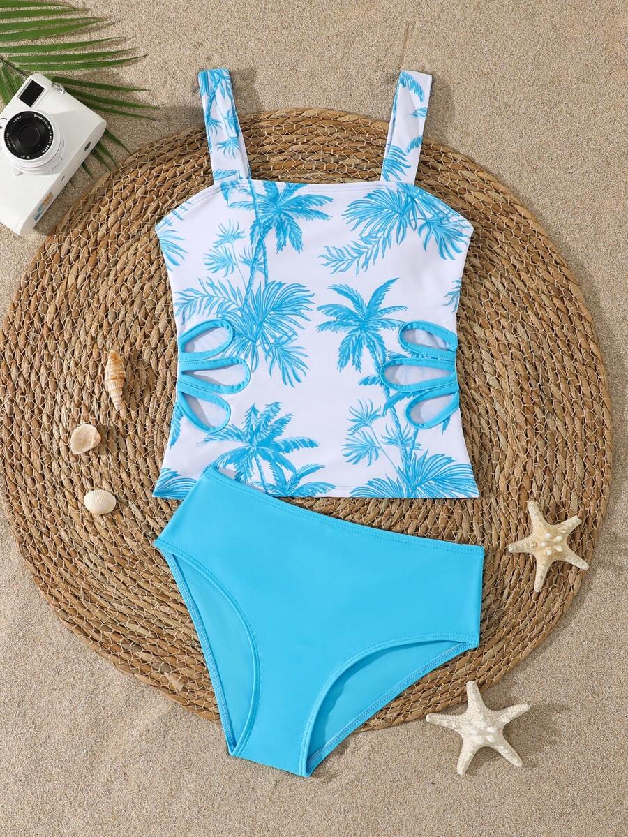 Tween Girl Coconut Tree Print Hollow Out Tankini And Triangle Panty Swimsuit Set - Blue - View 1