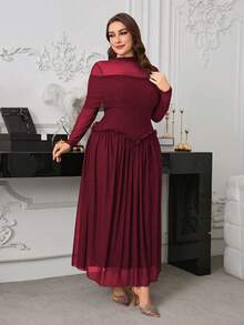 Modelyn Đầm dài tay xếp ly dáng chữ A màu trơn thanh lịch, chất liệu lưới, phù hợp cho mùa xuân và mùa thu. - Màu Đỏ Sâu - Xem 3