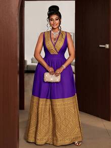 Maweii Plus Size Women Patchwork Ruched Waist Elegant Party Dress - Purple - View 2