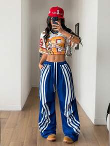 Coolane Women's Drawstring Waist Striped Wide Leg Loose Casual Pants - Blue - View 6