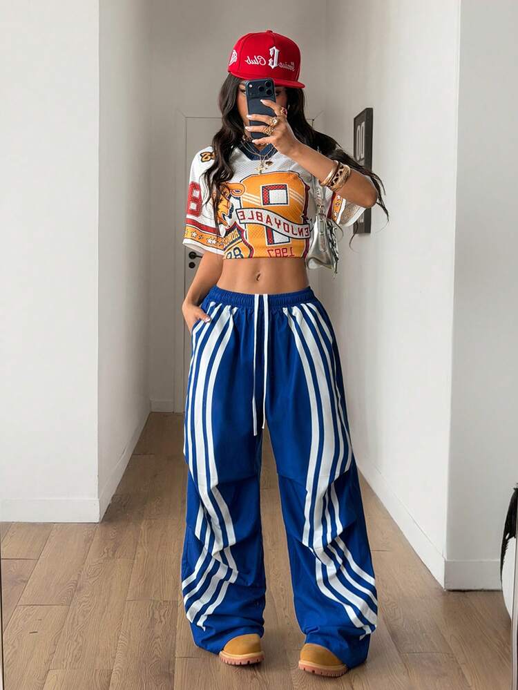Coolane Women's Drawstring Waist Striped Wide Leg Loose Casual Pants - Blue - View 5