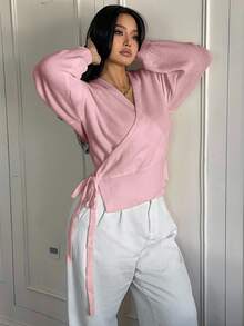 Sunnyshic 大尺碼女款櫻桃粉高彈力修身綁帶針織開襟衫，秋季休閒正式V領開襟衫，新娘禮物，春季日常通勤 - 淺粉色 - 查看 5