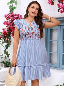 Miaspire Đầm mùa hè kẻ sọc xanh trắng thêu hoa dành cho nữ cỡ lớn - Nhiều màu - Xem 6