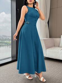 Feyla Women's Solid Color Button Design Elegant Sleeveless Dress - Blue - View 4