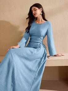 Graceveil Round Neck Solid Color Drawstring Tie Abaya Dress - Blue - View 8