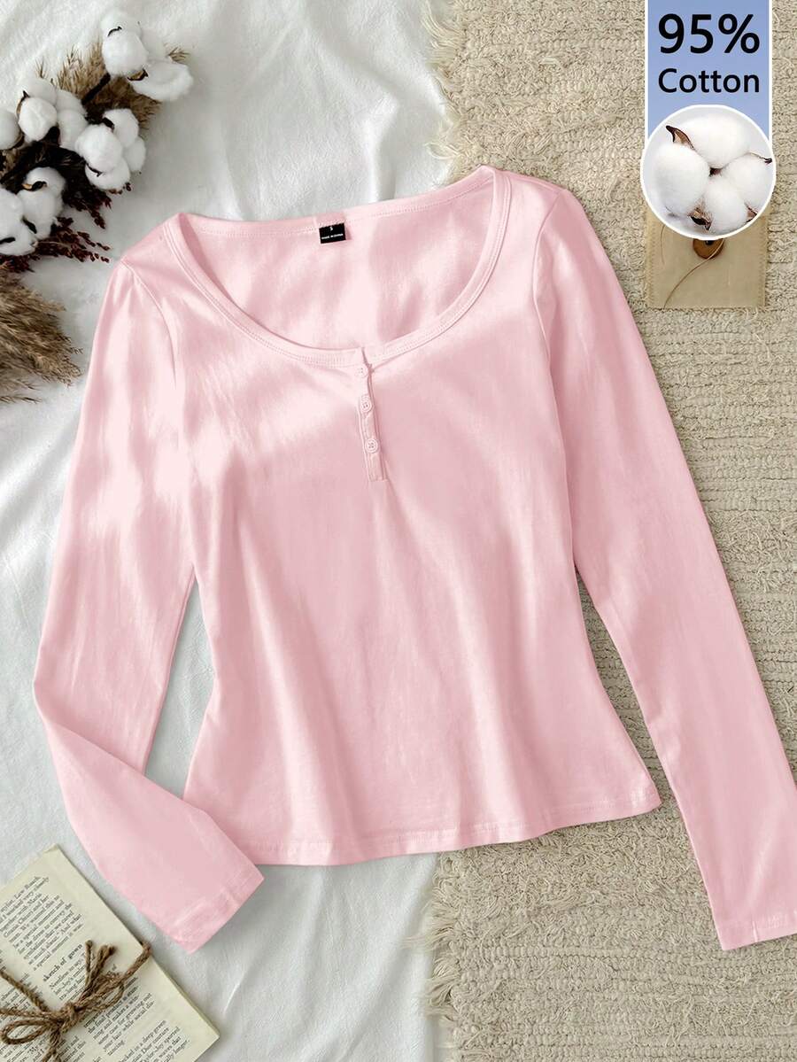 Tseoso Áo thun nữ dáng suông, khóa kéo nửa thân, chất liệu 95% cotton, màu hồng, đa năng cho mọi mùa, thích hợp mặc ở nhà. - Hồng - Xem 1