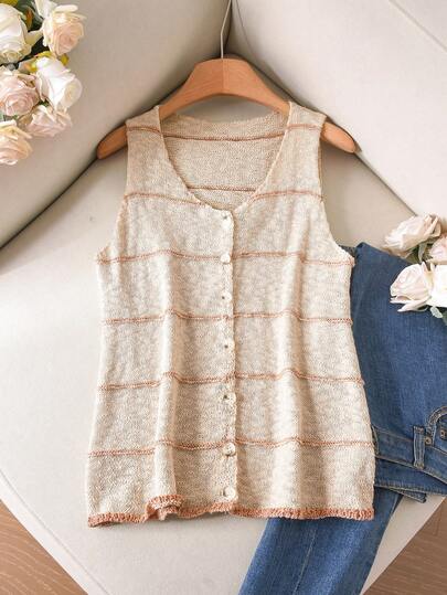 CosyJoli Áo dệt kim không tay kẻ sọc cỡ lớn dành cho nữ mùa hè, kiểu dáng thanh lịch, thoải mái, thích hợp mặc hàng ngày khi đi nghỉ mát, áo vest ôm dáng.