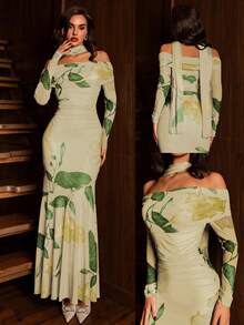 Modelyn Đầm nữ lưới in hoa, trễ vai, xếp ly, thắt nơ, thanh lịch, dài ngang gối. - Vàng nhạt - Xem 1