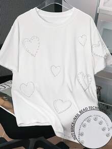 INAWLY Camiseta de verano para mujer de talla grande con decoración de corazón, strass y perlas - Blanco - Ver 1