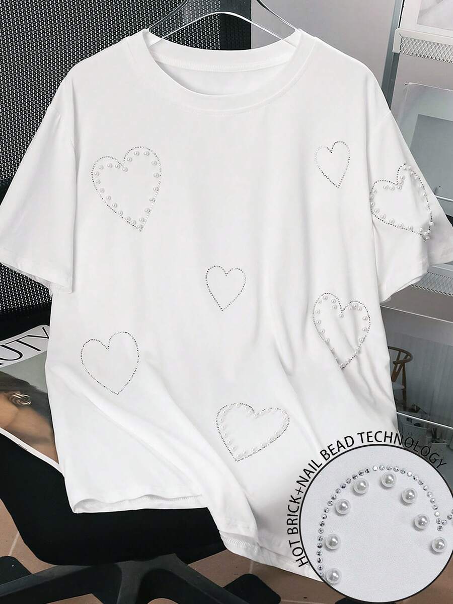 INAWLY Camiseta de verano para mujer de talla grande con decoración de corazón, strass y perlas - Blanco - Ver 1