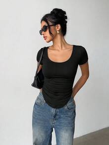 Siren Gaze 女士短袖圆领纯色蕾丝拼接修身露脐T恤 U领露背修身短袖露肩性感黑色蕾丝衬衫蕾丝薄纱衬衫短袖上衣波西米亚风女装黑色蕾丝衬衫Y2K风格女装校服休闲外套 - 黑色 - 查看 5