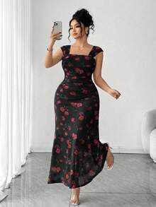 Elenzga 大码女式法式浪漫粉色玫瑰印花露肩连衣裙，大码收腰褶皱网纱连衣裙，温柔优雅修身吊带连衣裙 1XL，适合通勤、约会、度假，仙女裙 - 黑色 - 查看 5