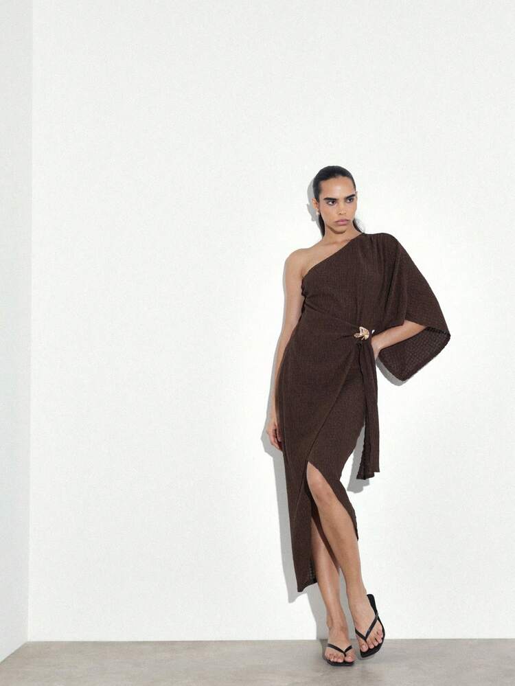KSTM Women's Chocolate Brown One Shoulder Asymmetrical Midi Dress With Side Tie Detail And Gold Hardware For Evening Party
