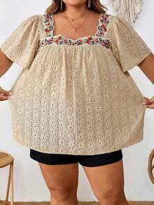 SHEIN CURVE+ Plus Size Square Neckline, Minimalist And Fashionable, Suitable For Summer Beach For Woman/Beach /Beach Vacation/Beach Essentials / Graduation/Tea Party Summer/Country/Beach Vacation/Beach/Beach Wear, Going Out Top - Khaki - View 4