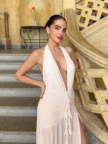 Marta Soriano Sexy Minimalist Solid Yellow Cream Deep V-Neck Halter Bodycon Ruched Fitted Women's Maxi Mesh Dress, Suitable For Party, Cocktail, Formal Occasion, Bridesmaid, Birthday, Christmas, Business Casual, Elegant Women Dress Goddess Dress Sexy Wedding Guest Dress Sexy Vacation Dress Vacation Dinner Dress Plunge Dress - Apricot - View 6