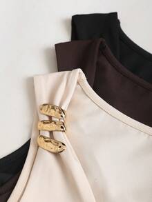 Sweetra 3件套新款夏季女士优雅通勤时尚百搭金属扣不对称领无袖连体衣，杏色、咖啡棕色和黑色，修身款 - 彩色 - 查看 6