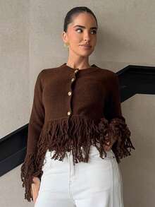 Marta Soriano 女士休闲圆领金属扣流苏长袖开衫 - 咖啡棕 - 查看 4