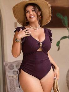 Swim Chiccia 1件大码女士黑色连体泳衣，性感度假泳装 - 中紫紅色 - 查看 4