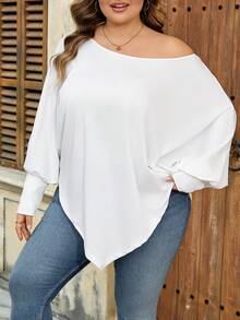 SHEIN CURVE+ Curve 尺码 US22 音乐节、海滨度假、波西米亚风女式不对称下摆蝙蝠袖纯色斜肩宽松休闲上衣 T 恤 秋季女装、冬季、CURVE PLUS 大码 T 恤 可爱上衣 - 白色 - 查看 4