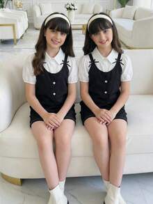 女童撞色衬衫套装，二合一设计，包含一件可爱泡泡袖蝴蝶结装饰衬衫、一件优雅上衣和一条休闲短裤，适合外出和日常穿着，夏季必备单品 - 黑與白 - 查看 11