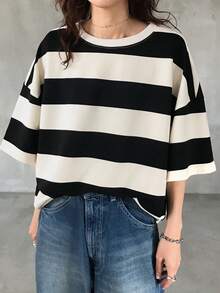 FRIFUL 女士黑白条纹宽松Polo领短袖T恤，休闲夏季服装 - 黑色 - 查看 6